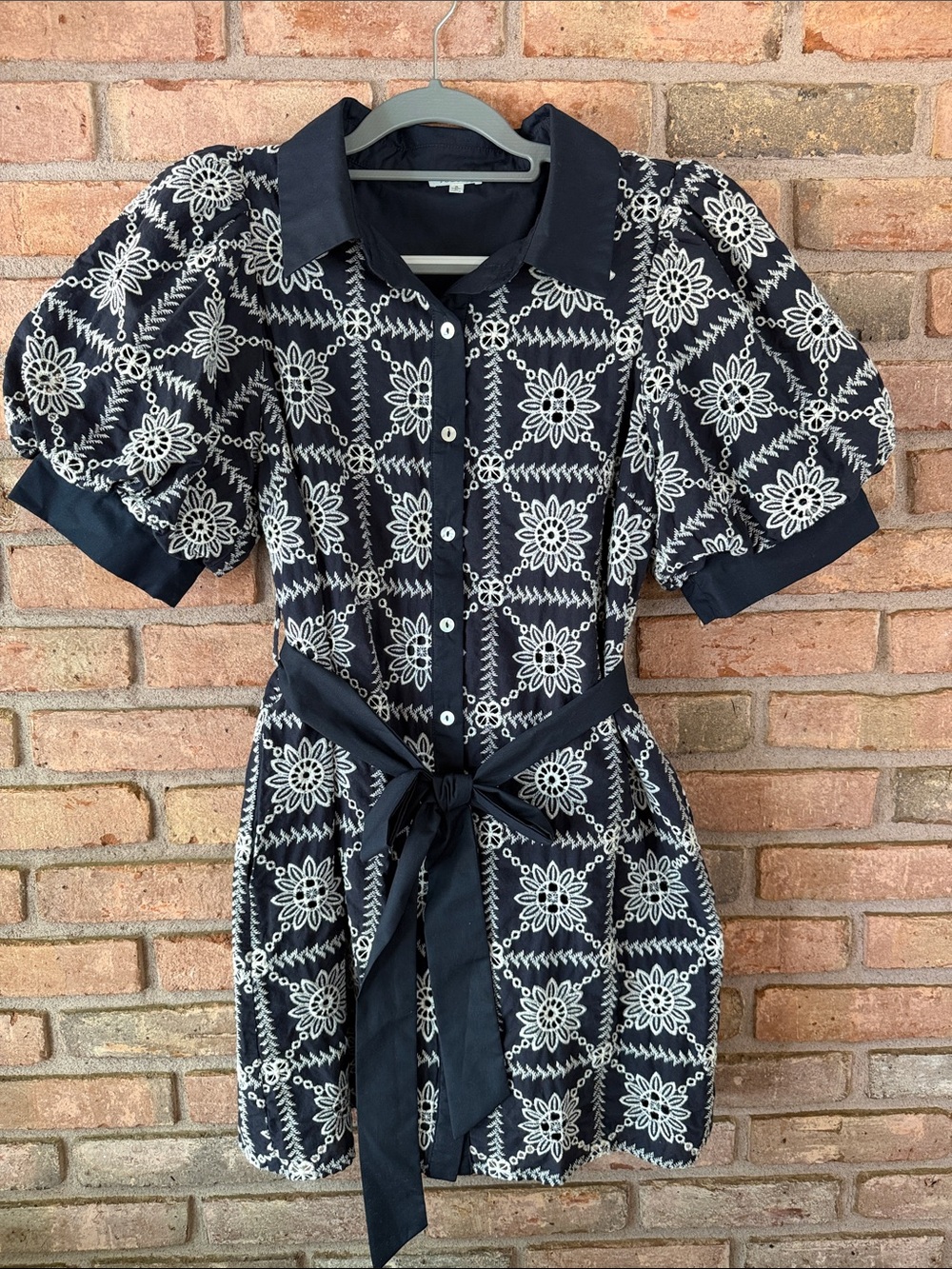 JODIFL Navy and White Embroidered Tie-Waist Shirt Dress NWOT